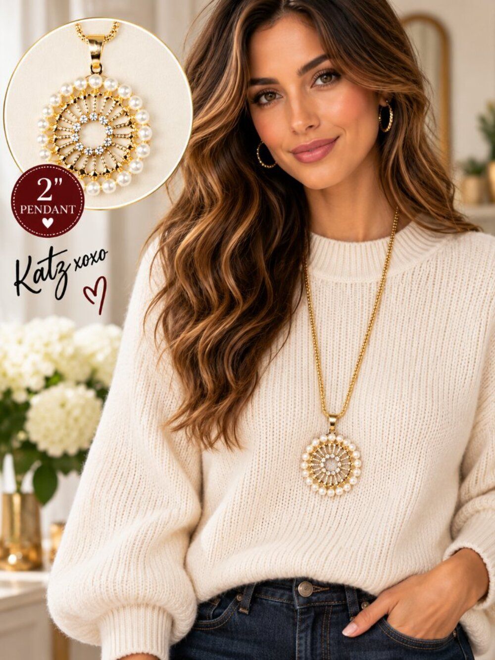 Gold Pearl Rhinestone Medallion Necklace 30" Long Sweater Statement Pendant New